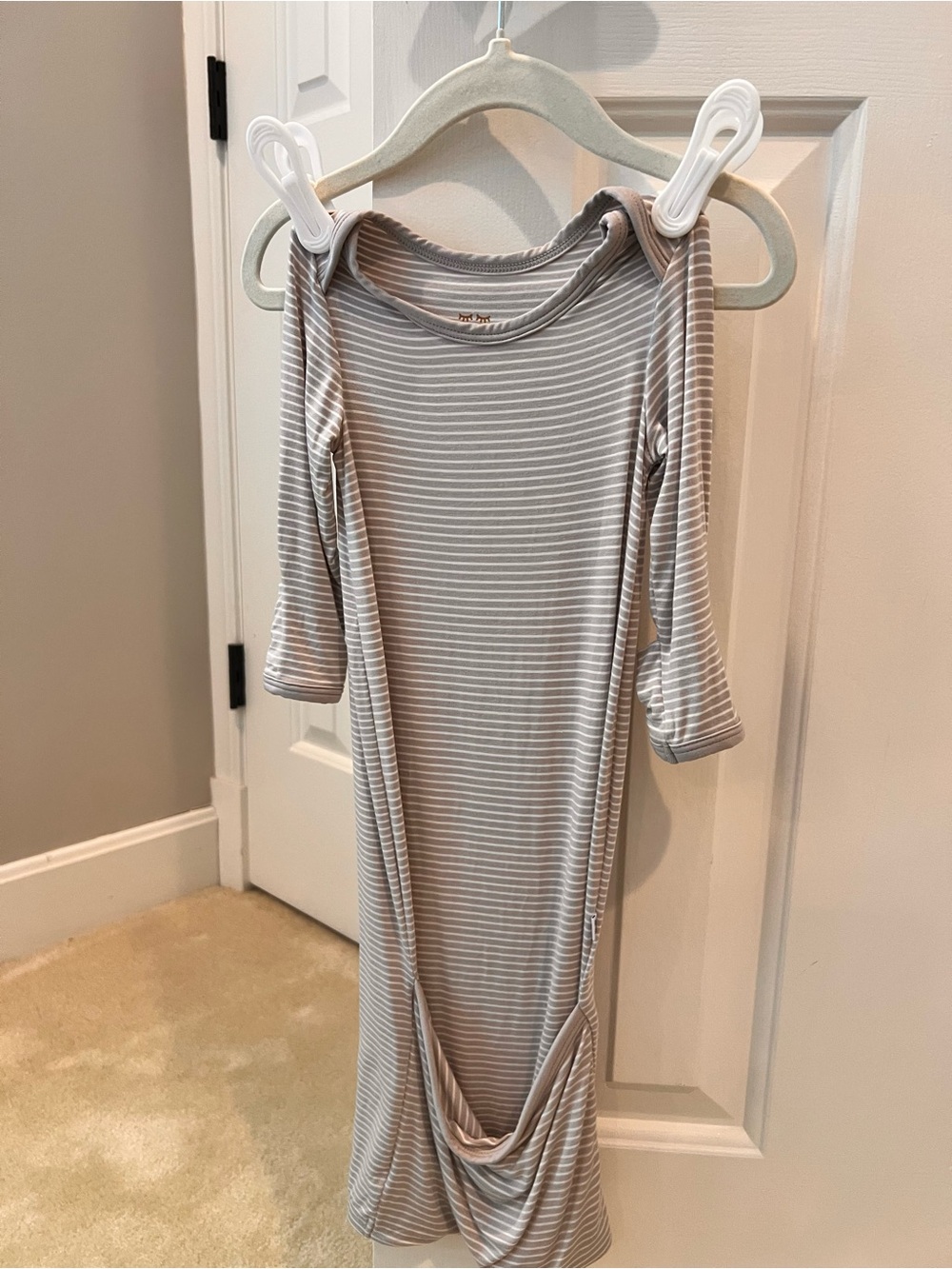 Little Sleepies—Striped newborn gown in Light Gray and White